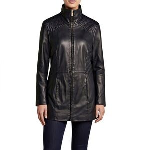 Ellen Tracy Soft Genuine Leather Funnel Neck Coat